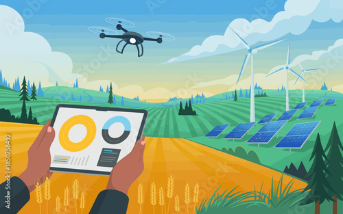A drone flies over a vibrant landscape showcasing fields, wind turbines, and solar panels, symbolizing the future of sustainable energy and modern agriculture practices.