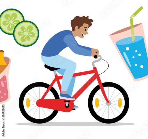 A young man is energetically riding a bike surrounded by refreshing drinks and fruits, symbolizing fitness, fresh living, and an active lifestyle filled with joy.