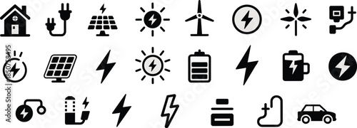 Renewable energy and electricity icons set, solar wind power battery charging symbols for sustainable technology and green energy design