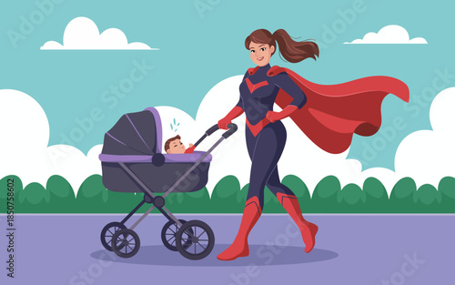 A dynamic illustration of a superhero mom confidently pushing a stroller, portraying empowerment, strength, and love in balancing motherhood and heroism.