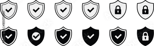 Shield security icons collection, protection and privacy symbols with check mark and lock for cybersecurity safety design applications interfaces branding