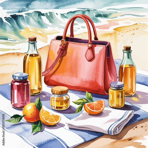A vibrant beach scene featuring a stylish handbag surrounded by refreshing drinks and citrus fruits, symbolizing summer vibes, relaxation, and leisure time by the ocean.