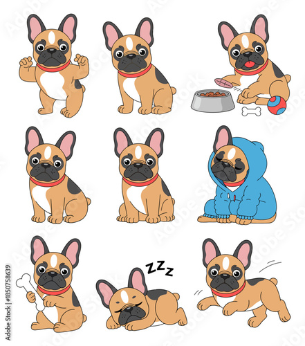 A collection of charming French Bulldogs showcases various playful antics and cute poses, capturing their lively personality and charm through each unique expression.