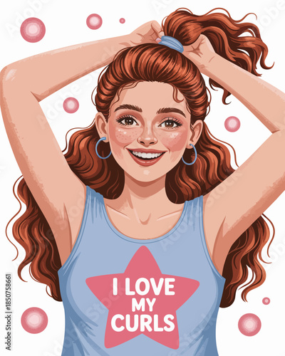 A cheerful young girl proudly displays her beautiful curly hair, radiating confidence and joy, embodying self-love and empowerment in this colorful and expressive portrayal.