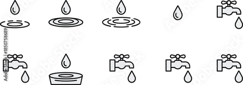 Water drop and faucet icons collection, clean liquid drip symbols set for plumbing hygiene hydration design isolated