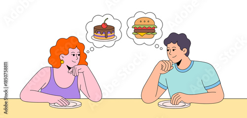 A lighthearted illustration of two friends at a table, playfully contemplating dessert and a burger, representing companionship and the joy of shared meals.