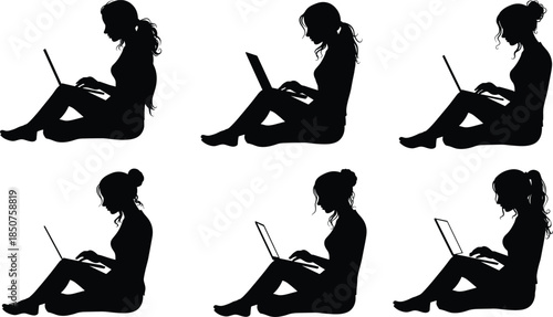 Laptop user silhouettes, cross-legged posture, digital engagement, remote work, online learning, seated gesture, tech lifestyle, study pose, silhouette art, modern activity