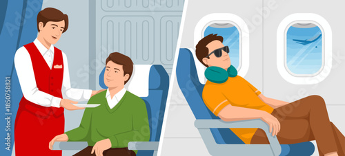 This illustration depicts a cozy airplane scene, featuring a flight attendant serving a passenger, highlighting travel comfort and service in the cabin environment.