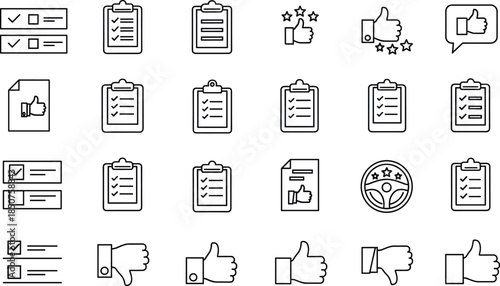 Set of Checklist, Survey, and Feedback Icons; Thumbs Up, Star Rating, and Clipboard Symbols; Customer Review; User Interface Vector Collection.