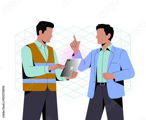 Two professional men discuss ideas while using a tablet, showcasing teamwork and collaboration in a modern business environment with a geometric background.