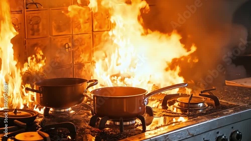 A stove with pots and pans on top of it on fire