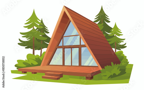 This striking A-frame cabin is nestled among tall evergreen trees, featuring large glass windows that invite natural light into the cozy interior, ideal for a serene retreat.