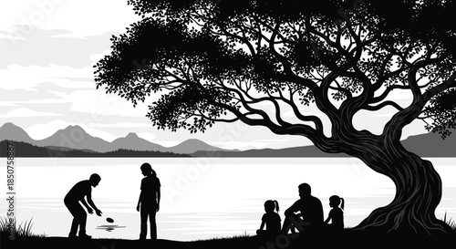 Lakeside silhouette illustration, peaceful nature scene, family bonding, outdoor leisure, tree foreground, mountain background, emotional moment, faceless figures, scenic design