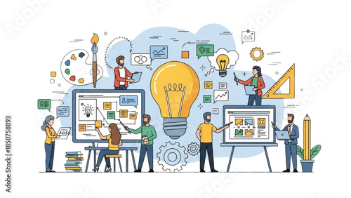 Creative team brainstorming ideas around digital displays and lightbulb moment in modern office environment from overhead viewpoint