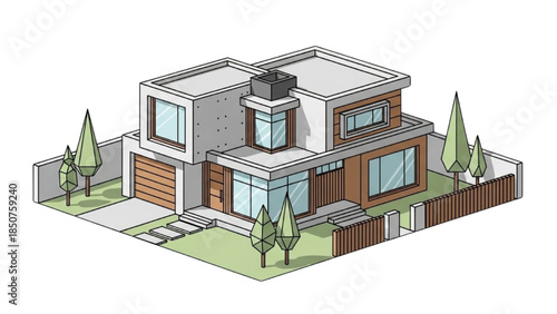 Modern House Illustration with Green Trees and Fence Viewed from Above