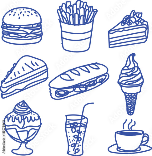 Set of hand drawn delicious fast food and sweet dessert icons perfect for cafe menus