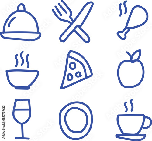 Simple blue line art icons representing various popular food items and restaurant service elements