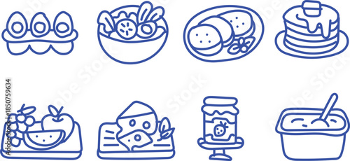 Collection of simple blue line art icons representing various delicious breakfast and healthy food items