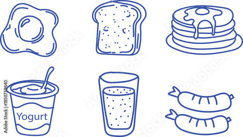 Hand drawn line art icons representing various popular breakfast food items for a healthy morning meal