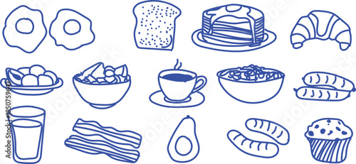 Doodle icon set featuring various delicious breakfast food items drawn in a simple blue outline style