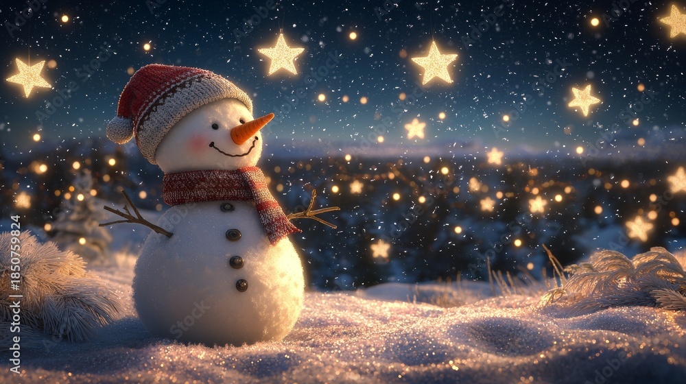 Obraz premium Cheerful snowman stands in winter landscape under glowing stars at night