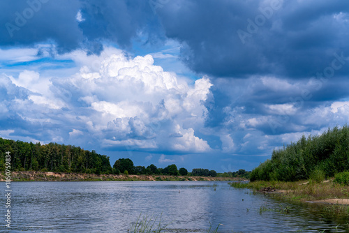 Sunset on the cloudy river.