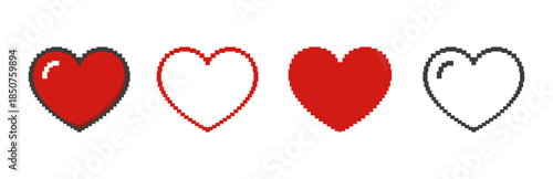 Pixel Heart Icon Set - Retro Pixel Heart icons Red and Black Colour
