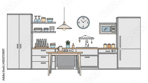 A modern kitchen illustration featuring a central island, pendant lighting, and sleek appliances from a straight-on viewpoint.