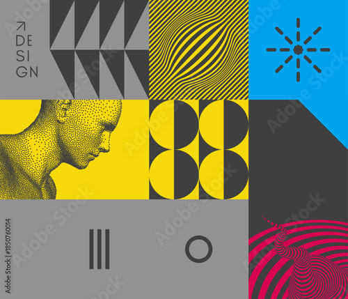 Digital human head. Geometrical pattern. Mosaic. Cover design template. Vector for business presentation, placard, banner, poster, brochure or notebook.