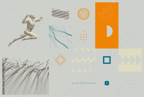 Art composition. Jumping man. 3D human body model. Leadership, freedom or development concept. Vector illustration.