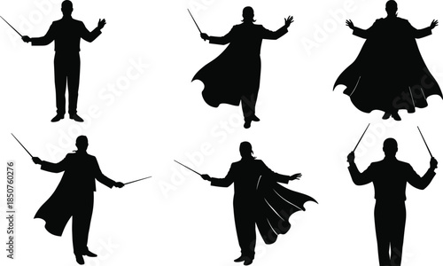 Magician conductor silhouettes, dramatic poses, wand and baton gestures, tuxedo and cape style, theatrical flair, black figures, performance command