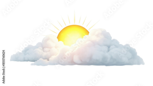 The sun rises behind a large white cloud in a clear sky with sunshine.