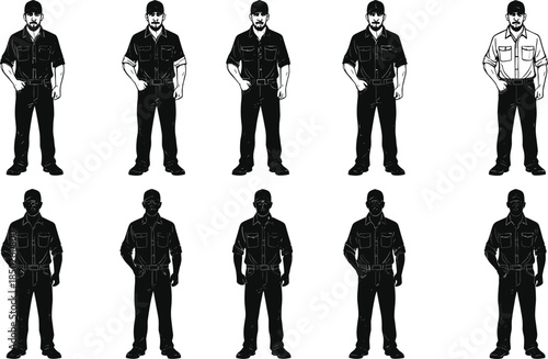 Male character lineup, uniformed figures, identity comparison, silhouette contrast, security personnel, visual test, black outfit, expressive pose, illustration grid, patrol team