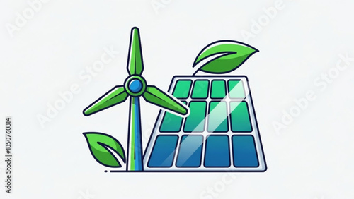 Green energy concept with wind turbine, solar panel and leaves, symbolizing renewable power and sustainable living, eco friendly technology