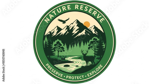 Nature reserve logo with mountains, river, deer, bird, and trees, promoting preserve, protect, explore