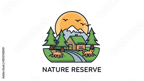 A serene nature reserve with a house, trees, dogs, and a mountainous landscape under a sunny sky with birds flying overhead