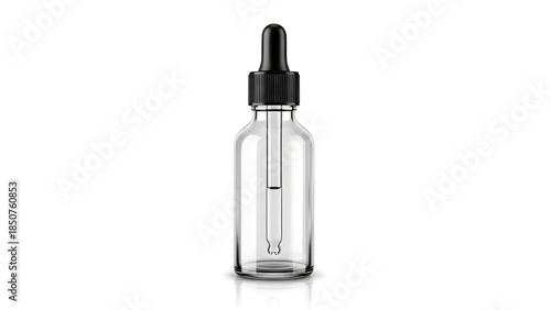 A clear glass dropper bottle stands alone on a white background