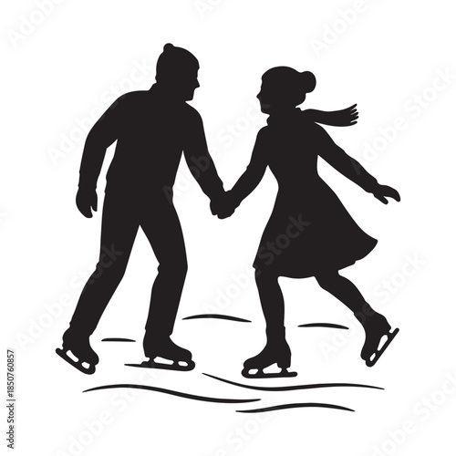 Romantic Couple Ice Skating Silhouette Vector Illustration