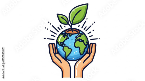 Hands cradling earth globe with green leaves sprouting from top, symbolizing growth and environmental care, eco friendly concept