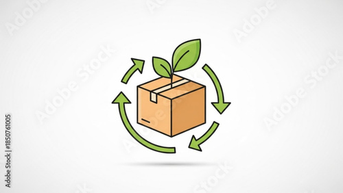 Brown cardboard box with green leaves and arrows indicating eco friendly recycling and sustainable packaging
