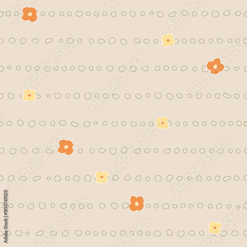 Floral seamless pattern with dot shapes arranged line. Flower and circle cartoon background. Valentine design for fabric, wrapping, textile, wallpaper, apparel, pajamas, cards and stationery.