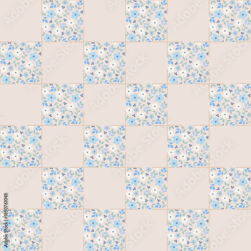 Floral lattice check wallpaper tile. Abstract flower and check geometry design seamless pattern ornament for textile, wallpapers, cards, stationery, phone cases, paper gifts, and wrapping.