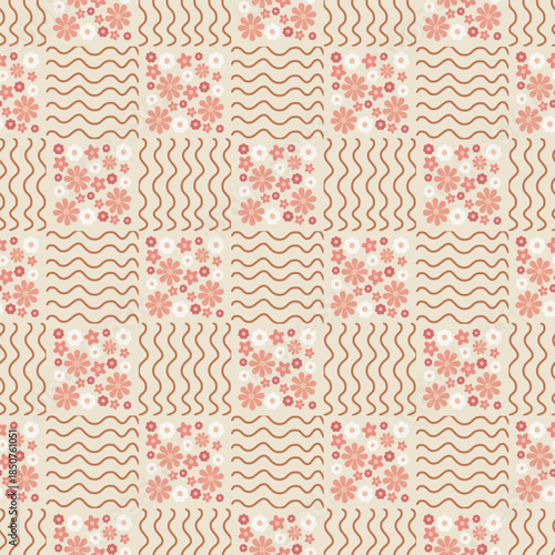 Floral lattice check wallpaper tile. Abstract flower and check geometry design seamless pattern ornament for textile, wallpapers, cards, stationery, phone cases, paper gifts, and wrapping.
