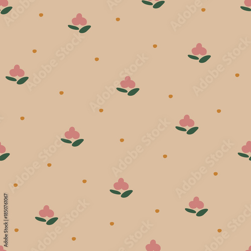 Floral seamless pattern with dot shapes arranged line. Flower and circle cartoon background. Valentine design for fabric, wrapping, textile, wallpaper, apparel, pajamas, cards and stationery.