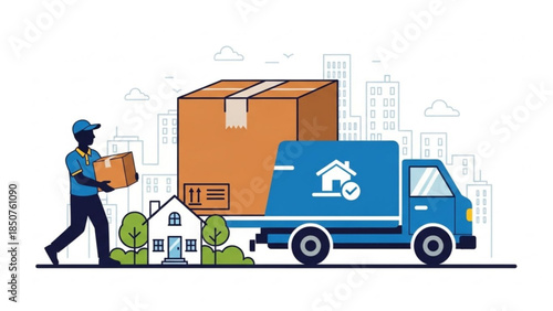 Delivery man carrying boxes to a house with a moving truck in the city