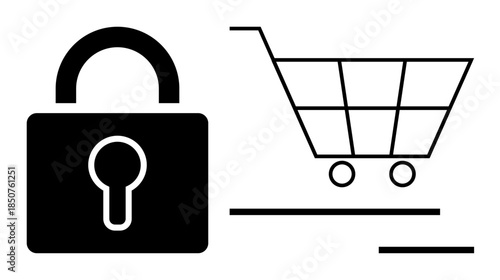 E-commerce security, online privacy, digital transactions, fraud prevention, payment systems, safe shopping. Lock and shopping cart icons show online safety. E-commerce security and online privacy