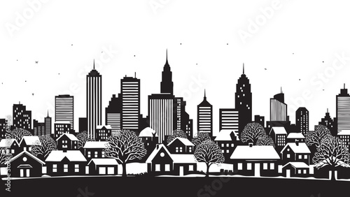 Black and white cityscape with skyline and residential neighborhood