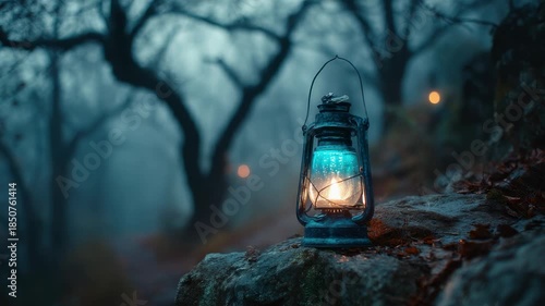 Antique lantern glowing with blue and orange light on mossy rocks in a foggy forest