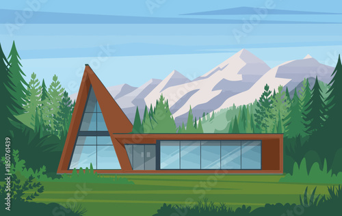 This modern architectural design features a stylish house nestled among nature, highlighting the harmonization of contemporary living with the beauty of the surrounding landscape.