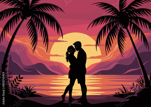 This beautiful image features a silhouette of a couple kissing against a stunning backdrop of a tropical sunset with palm trees, evoking feelings of love and serenity.